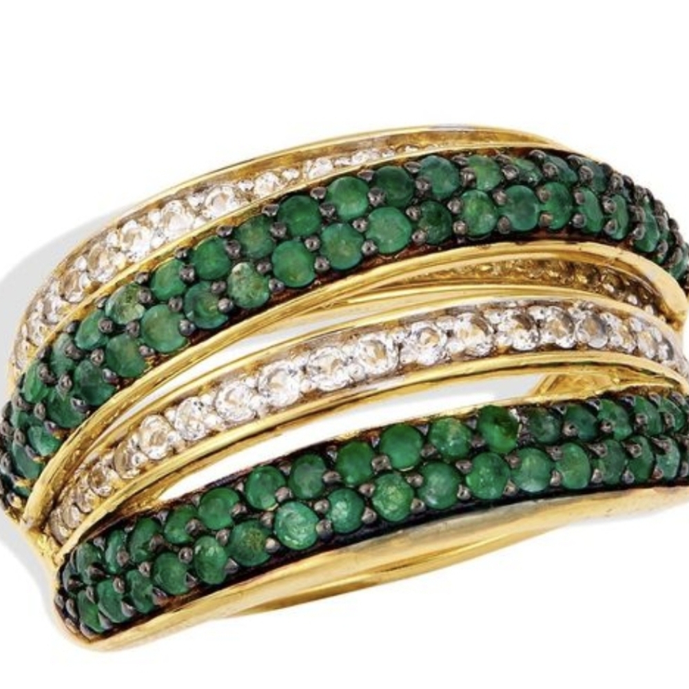 Savvy CIE Jewels Semiprecious Stone White & Emerald Crossover‎ Ring